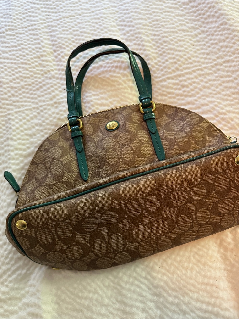 Coach Brown Signature Canvas Satchel with Green Trim